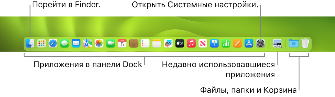 Панель Dock. Показаны значки Finder и Системных настроек, а также линия, отделяющая приложения от папок.