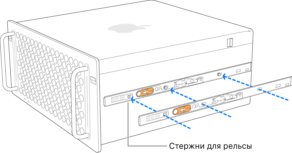 Mac Pro, к боковой стороне которого прикреплена внутренняя часть рельсы.