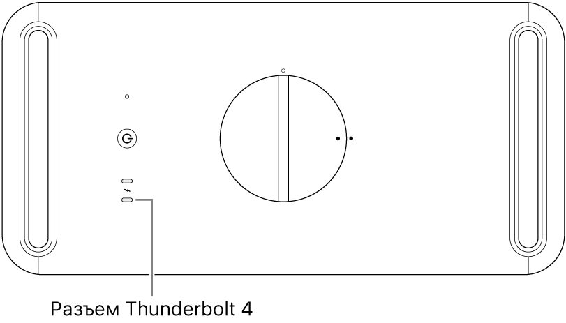 Mac Pro, вид сверху. На изображении указан порт Thunderbolt 4, который следует использовать.