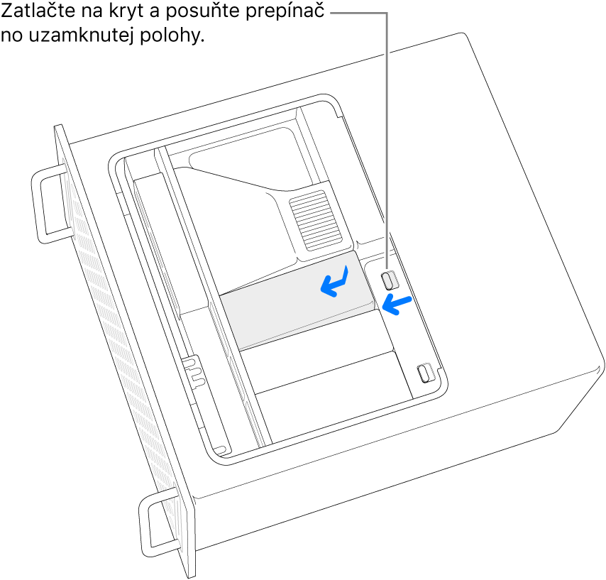 Namontovanie SSD krytov posunutím prepínača uzamknutia doľava a zatlačením krytu SSD smerom nadol.