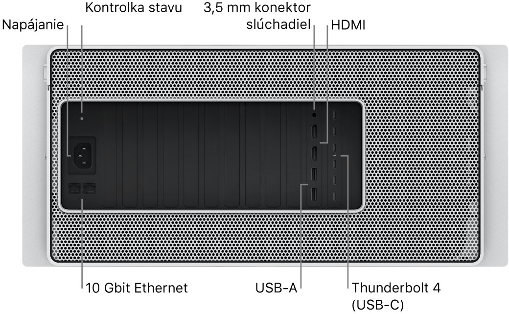 Pohľad zozadu na Mac Pro zobrazujúci port napájania, svetelný indikátor stavu, konektor na slúchadlá s rozmerom 3,5 mm, dva HDMI porty, šesť Thunderbolt 4 (USB-C) portov, dva USB-A porty a dva 10 Gbit ethernetové porty.