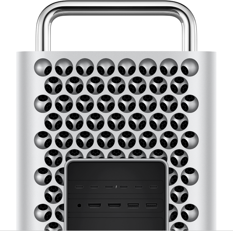 Detailný pohľad na porty a konektory Macu Pro.