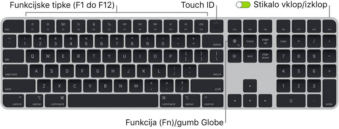 Tipkovnica Magic Keyboard s funkcijo Touch ID in številsko tipkovnico, ki prikazuje vrstico funkcijskih tipk in Touch ID-jem na vrhu, ter funkcijsko tipko (Fn)/globus desno od tipke Delete.
