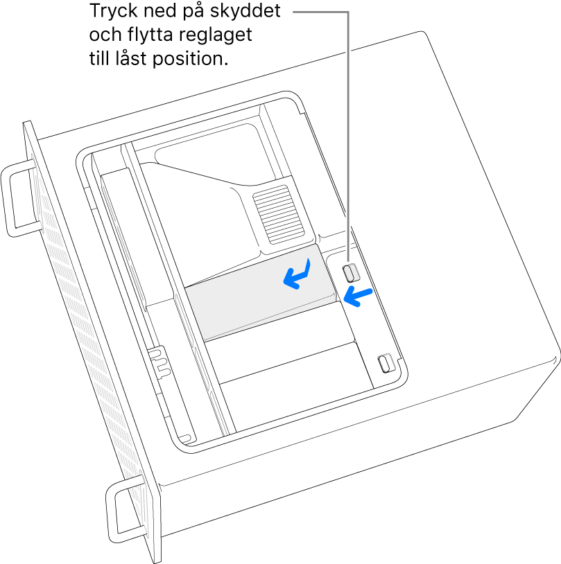 SSD-skydden installeras genom att flytta låsreglaget åt vänster och trycka ned på SSD-skyddet.
