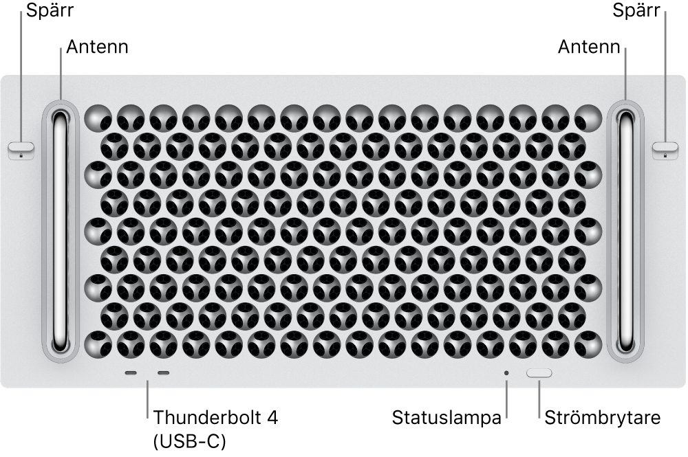 Framsidan på Mac Pro med två spärrar, två antenner, strömbrytare, statuslampa och två Thunderbolt 4 (USB-C)-portar.