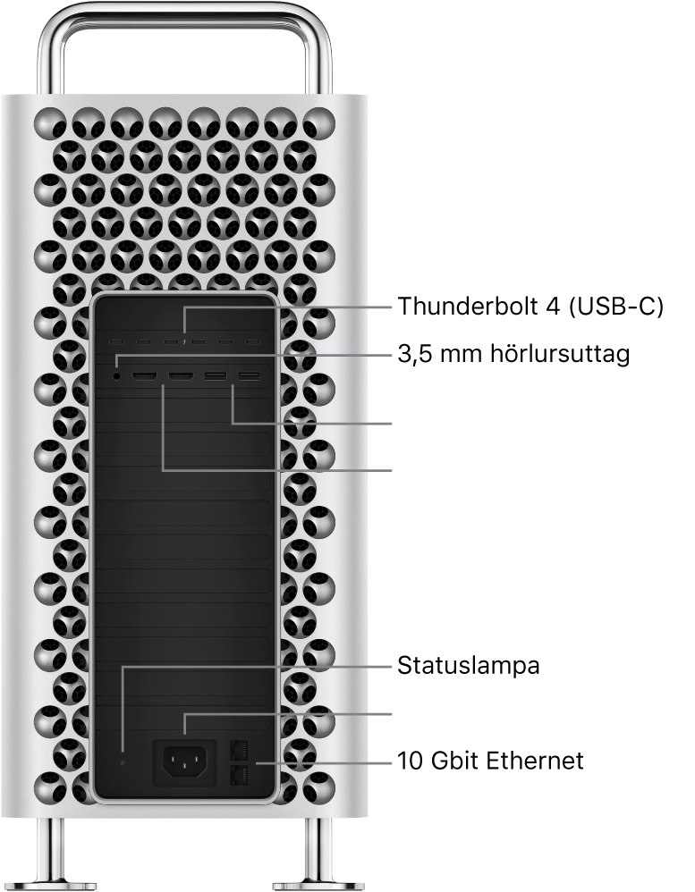 En sidovy av Mac Pro visar de sex Thunderbolt 4 (USB-C)-portarna, 3.5 mm hörlursuttag, två USB-A-portar, två HDMI-portar, en statuslampa, en strömport och två 10 Gbit Ethernetportar.
