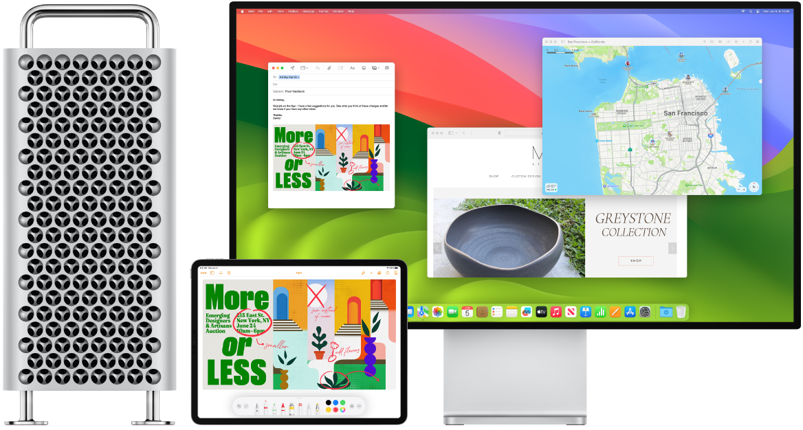 Mac Pro ve iPad yan yana. iPad ekranı, açıklamalara sahip bir el ilanını gösteriyor. Mac Pro tarafından kullanılan ekranda, ilişik olarak iPad’den açıklama eklenmiş bir el ilanına sahip bir Mail iletisi var.