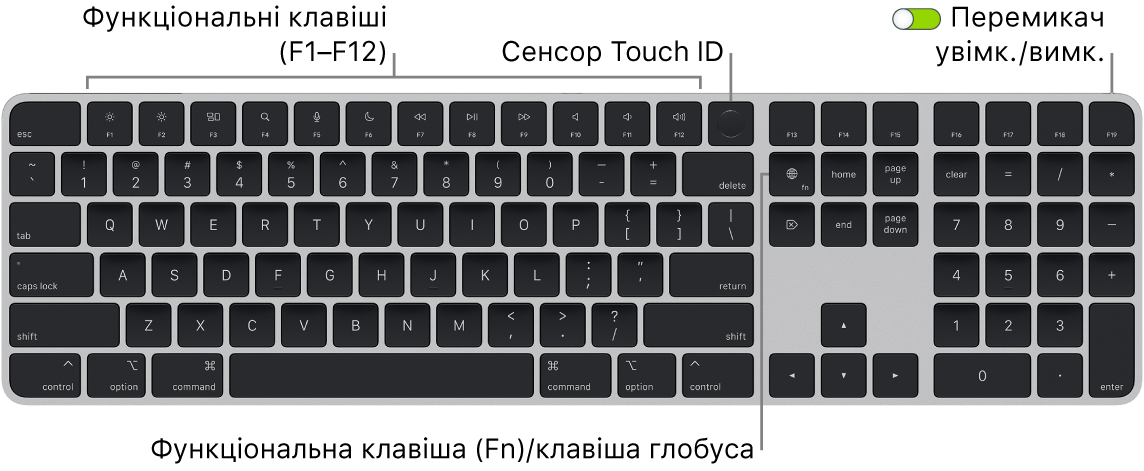 Клавіатура Magic Keyboard із Touch ID і цифровою клавіатурою, ряд функціональних клавіш і Touch ID вгорі, а також функціональна клавіша (Fn)/клавіша глобуса справа від клавіші Delete.