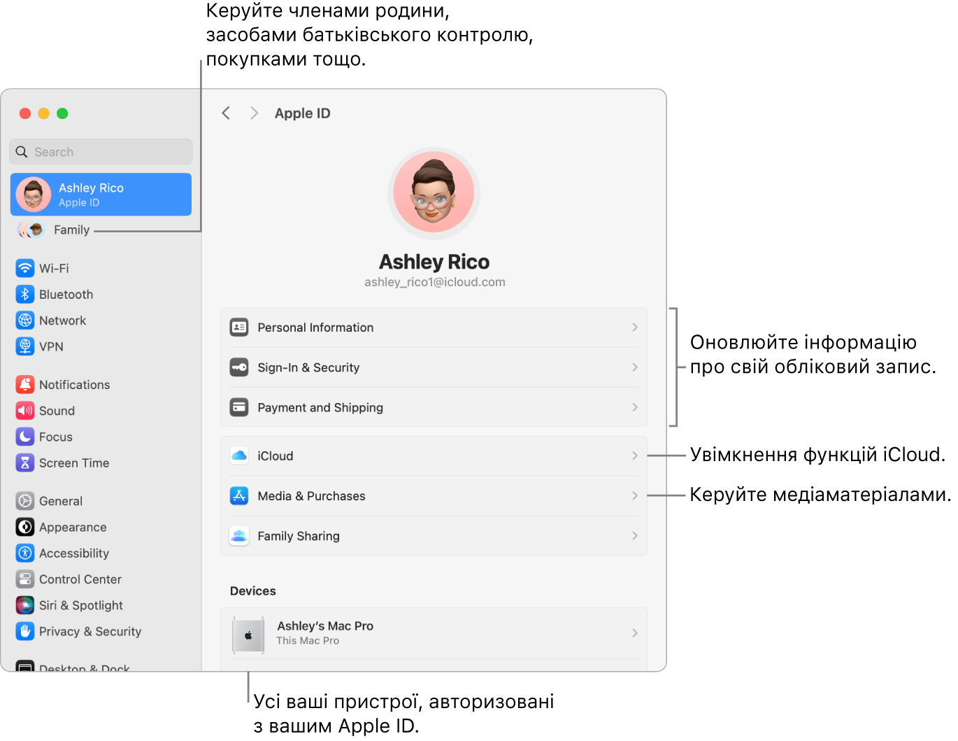 Параметри Apple ID в системних параметрах з виносками для оновлення інформації про обліковий запис, увімкнення і вимкнення функцій iCloud, керування обліковими записами в соцмережах, а також розділ «Родина», в якому можна керувати учасниками родини, батьківським контролем, покупками тощо.