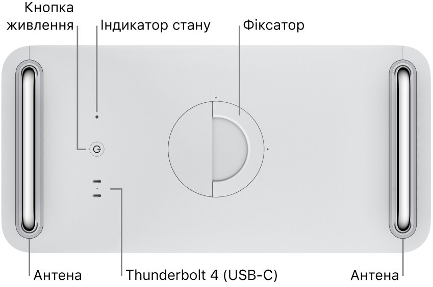 Вигляд зверху на Mac Pro, який демонструє кнопку живлення, світловий індикатор стану, фіксатор, два порти Thunderbolt 4 (USB-C) і дві антени: ліворуч і праворуч.
