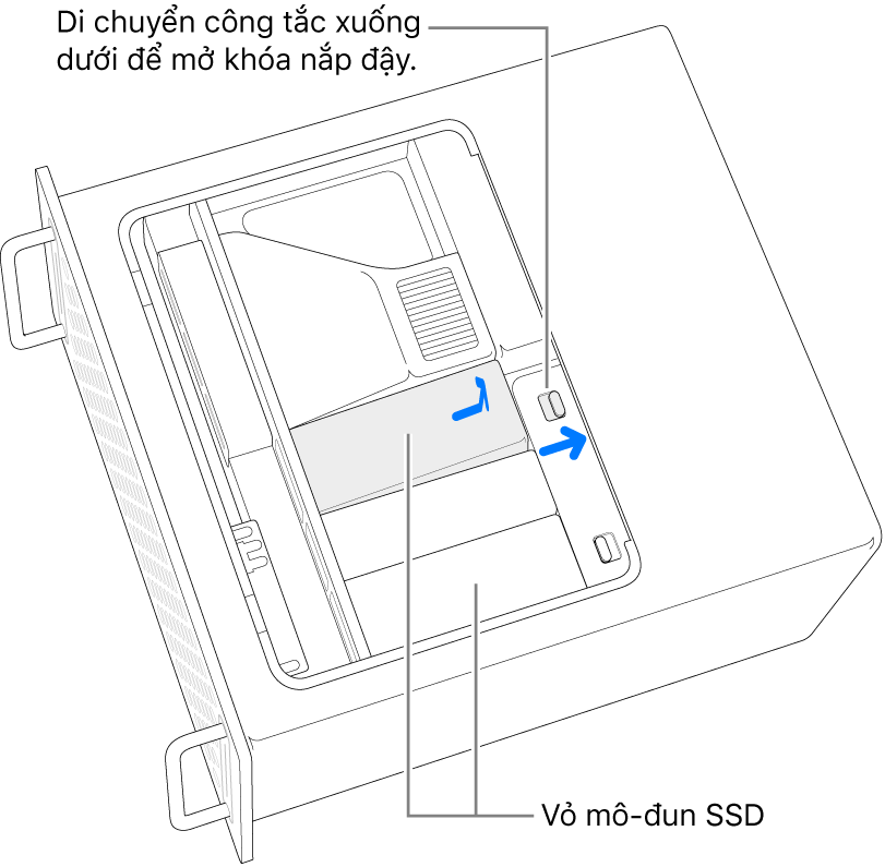 Công tắc đang được di chuyển sang bên phải để mở khóa nắp đậy SSD.