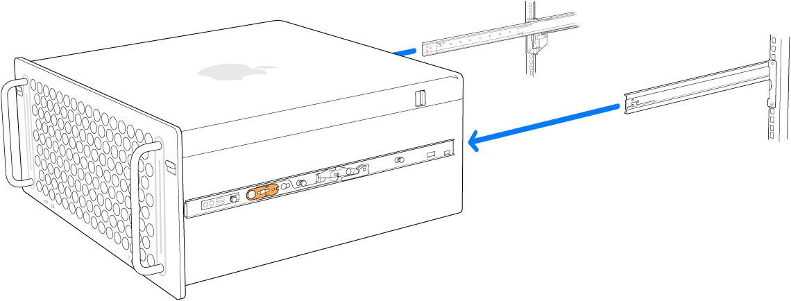 Mac Pro đang được tháo khỏi các thanh ray được gắn vào giá đỡ.