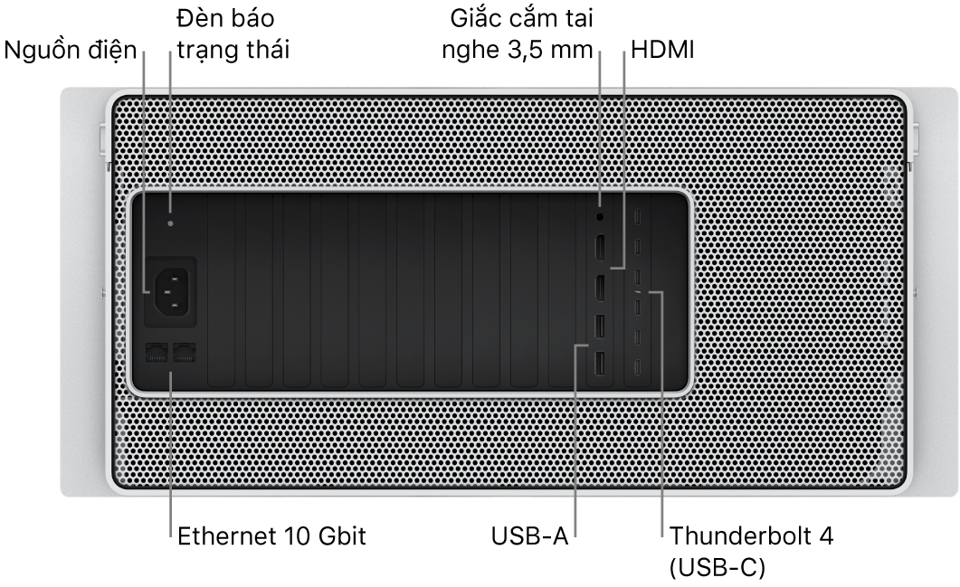 Góc nhìn mặt sau của Mac Pro đang hiển thị cổng nguồn, một đèn báo trạng thái, giắc cắm tai nghe 3,5 mm, hai cổng HDMI, sáu cổng Thunderbolt 4 (USB-C), hai cổng USB-A và hai cổng Ethernet 10 Gbit.