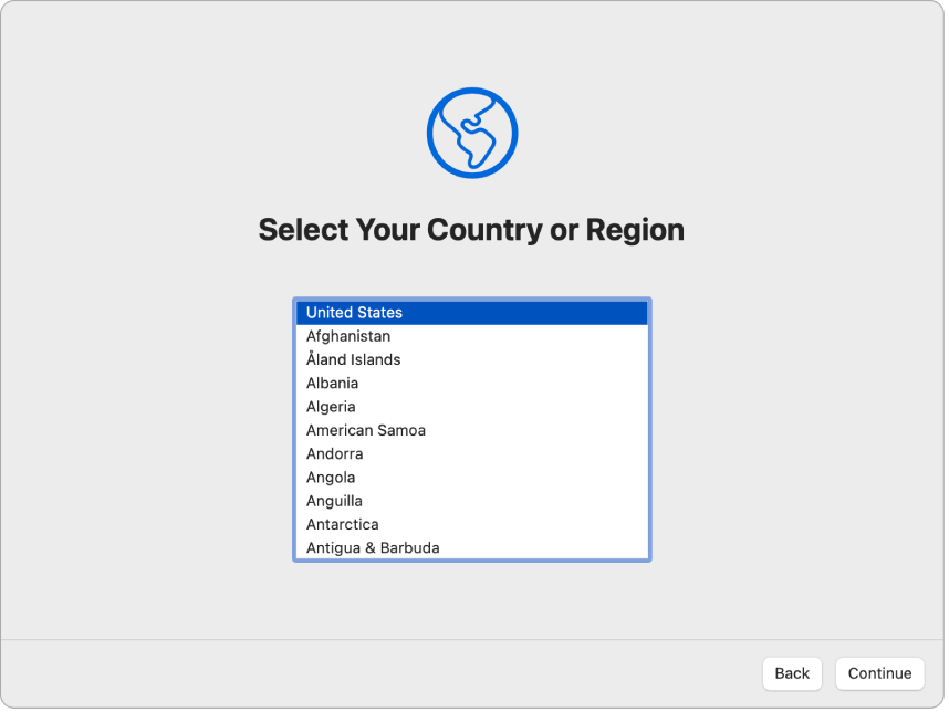 Một màn hình trong Trợ lý thiết lập đang hiển thị các tùy chọn để chọn quốc gia hoặc vùng của một người dùng.