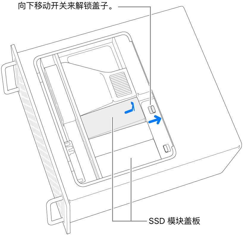 开关被移到右侧，以解锁 SSD 盖板。