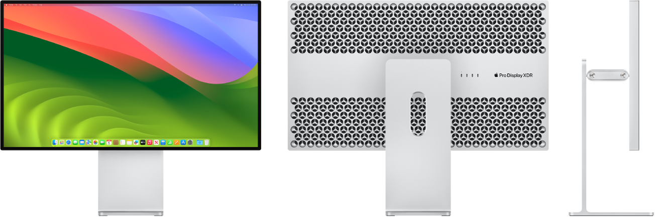 Изглед отпред, изглед отзад и страничен изглед на Pro Display XDR върху стойка Pro Stand.