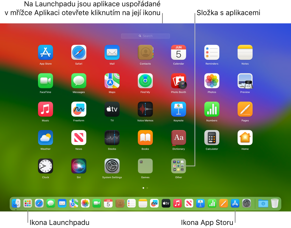 Obrazovka Macu s otevřeným Launchpadem, na níž je vidět složka aplikací v Launchpadu a také ikony Launchpadu a App Storu v Docku