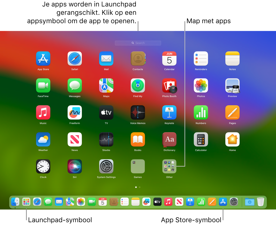 Een Mac-scherm met Launchpad geopend, een map met apps uitgelicht in Launchpad, en het Launchpad-symbool en App Store-symbool uitgelicht in het Dock.