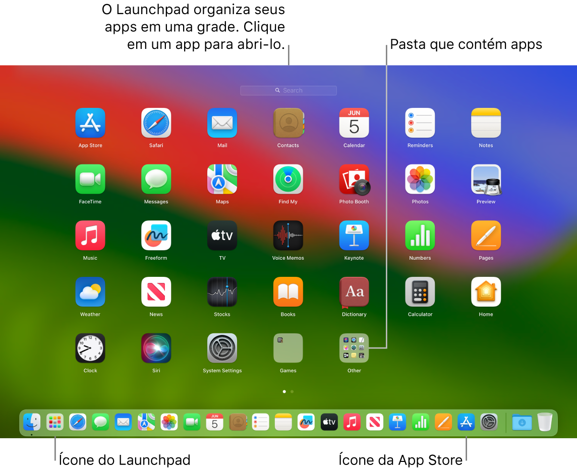 Tela do Mac com o Launchpad aberto, mostrando uma pasta de apps no Launchpad e os ícones do Launchpad e da App Store no Dock.
