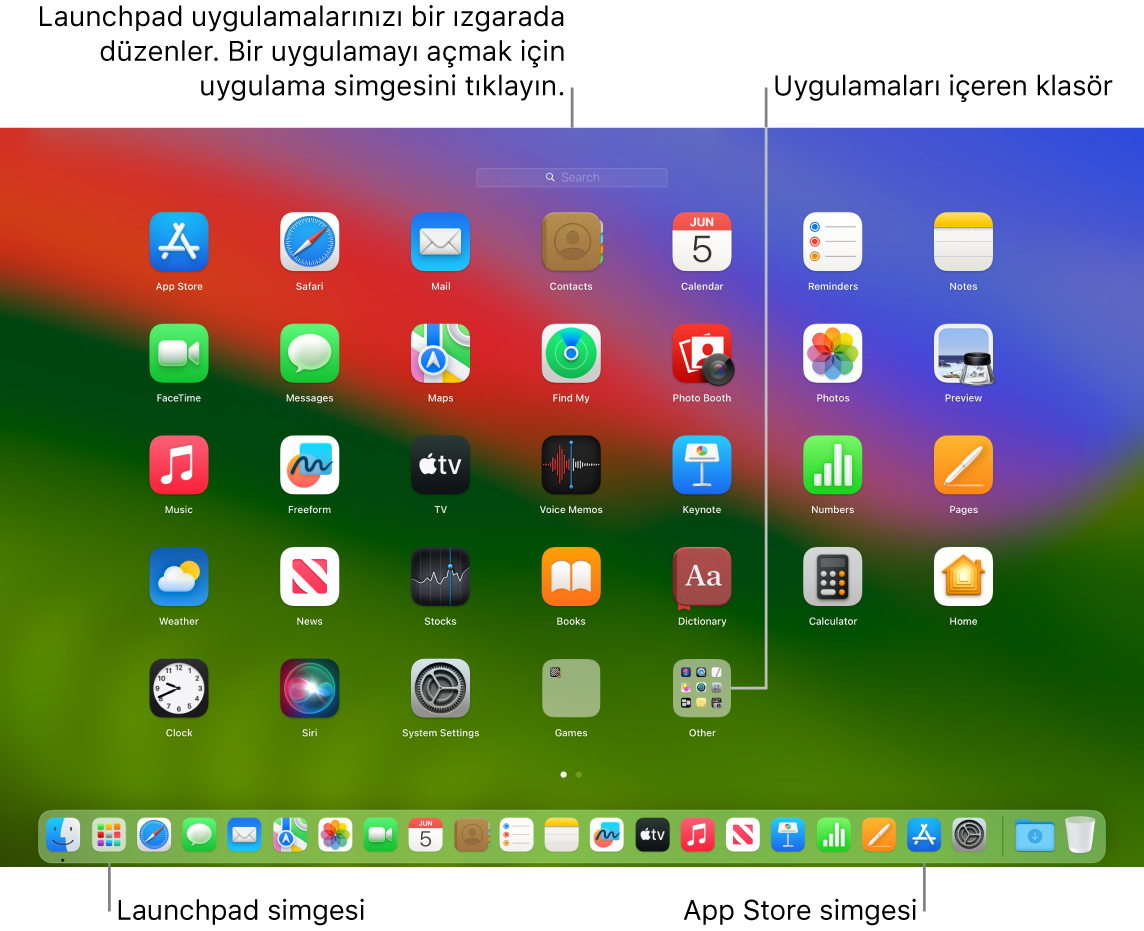 Launchpad’in açık olduğu, Launchpad’de bir uygulama klasörünün ve Dock’ta da Launchpad simgesi ile App Store simgesinin gösterildiği bir Mac ekranı.