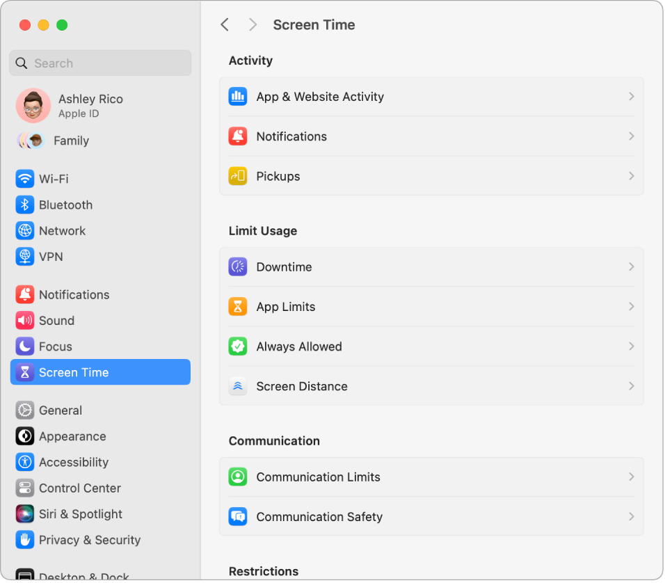  Una finestra de configuració de “Temps d’ús” amb les opcions per veure l’ús d’apps, les notificacions i les consultes, a més de les opcions per gestionar el temps d’ús, com ara programar el temps d’inactivitat i configurar els límits d’apps i de comunicació, entre altres.