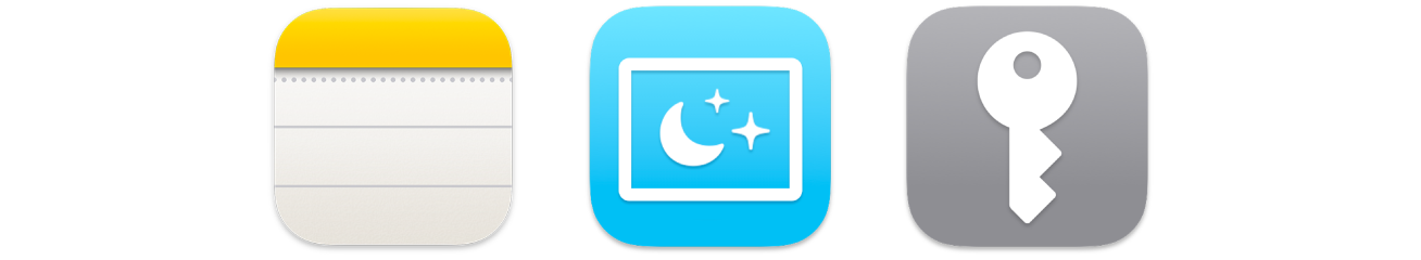 La icona de l’app Notes, la icona de l’estalvi de pantalla i la icona de les contrasenyes.