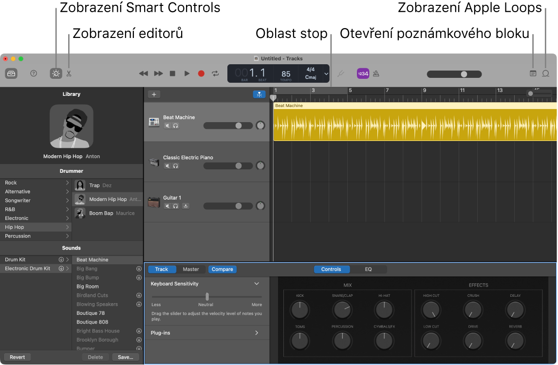 Okno GarageBandu s popisky tlačítek pro přístup k ovládacím prvkům Smart Controls, editorům, poznámkám a smyčkám Apple Loops. Jsou zde také vidět jednotlivé stopy skladby