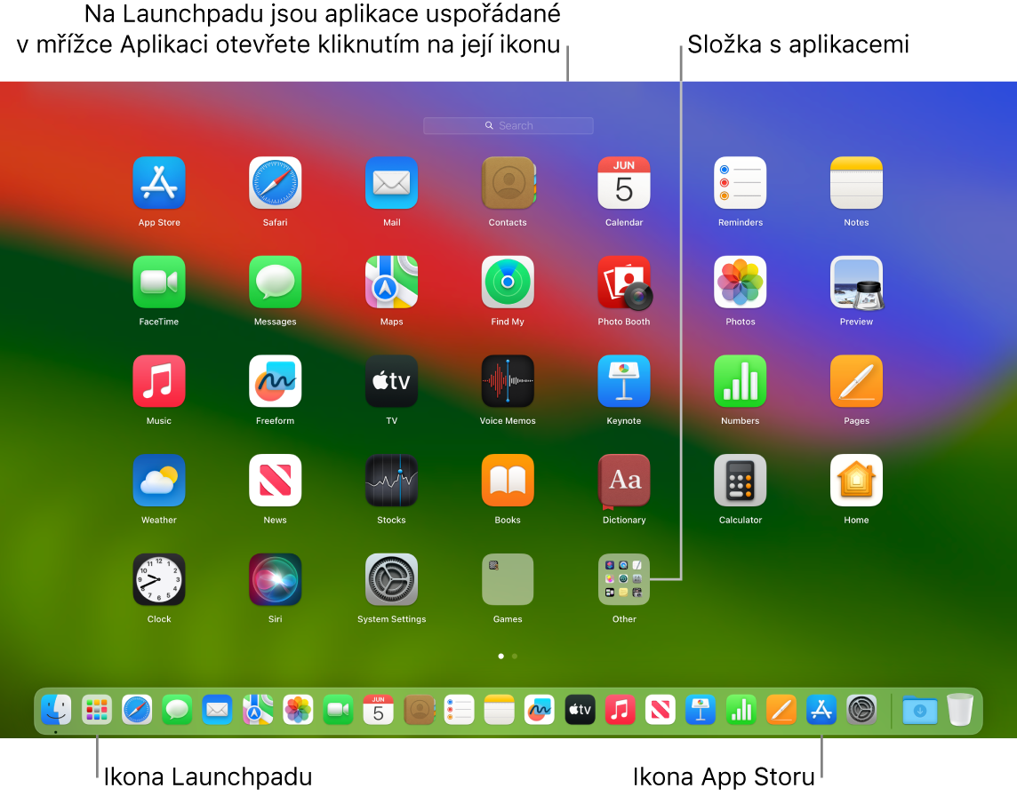 Obrazovka Macu s otevřeným Launchpadem, na níž je vidět složka aplikací v Launchpadu a také ikony Launchpadu a App Storu v Docku