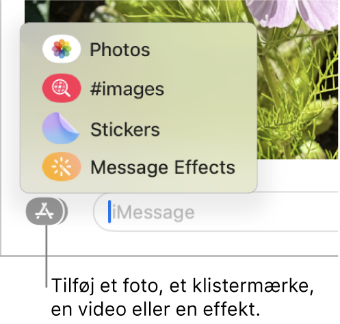 Menuen Apps, der giver mulighed for at vise fotos, stickere, GIF-billeder og beskedeffekter.