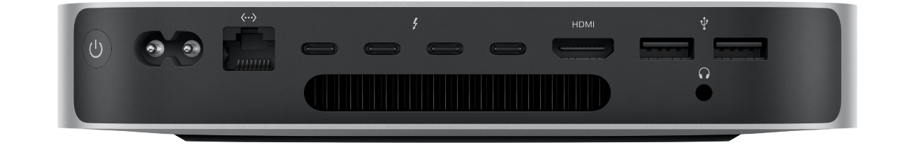 The back view of Mac mini and its various ports.