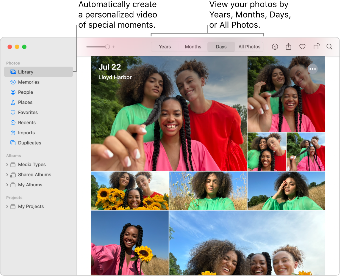 The Photos window showing the Memories feature in the left sidebar and the pop-up menu at the top of the Photos window where you can view the photos in your album by day, month, and year.
