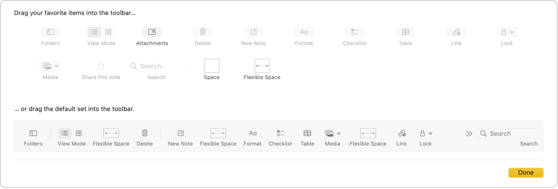 Una ventana de Notas mostrando las opciones disponibles para personalizar la barra de herramientas.