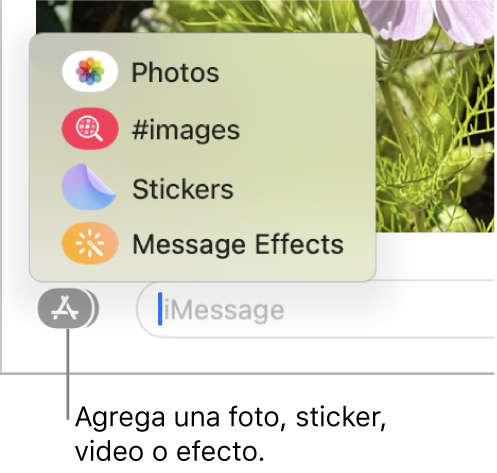 El menú Apps con opciones para mostrar fotos, stickers, imágenes GIF y efectos para mensajes.