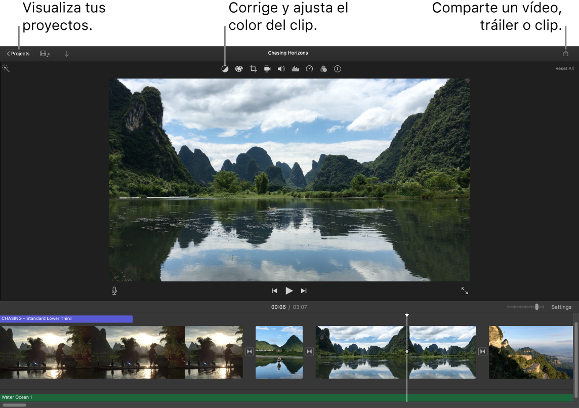 Una ventana de iMovie con los botones para ver proyectos, corregir y ajustar el color, y compartir la película, el tráiler o el fragmento de vídeo.