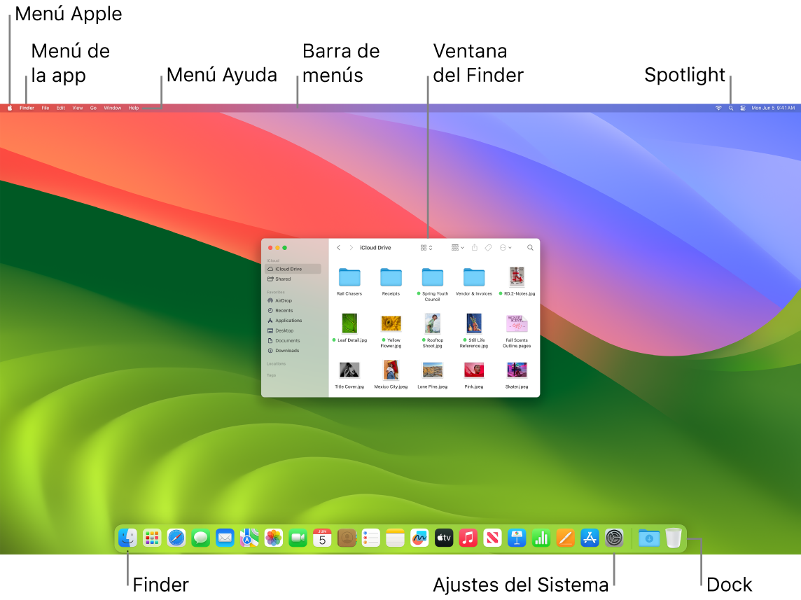 La pantalla de un Mac en la que se muestra el menú Apple, el menú de la app, el menú Ayuda, la barra de menús, una ventana del Finder, el icono de Spotlight, el icono del Finder, el icono de Ajustes del Sistema y el Dock.