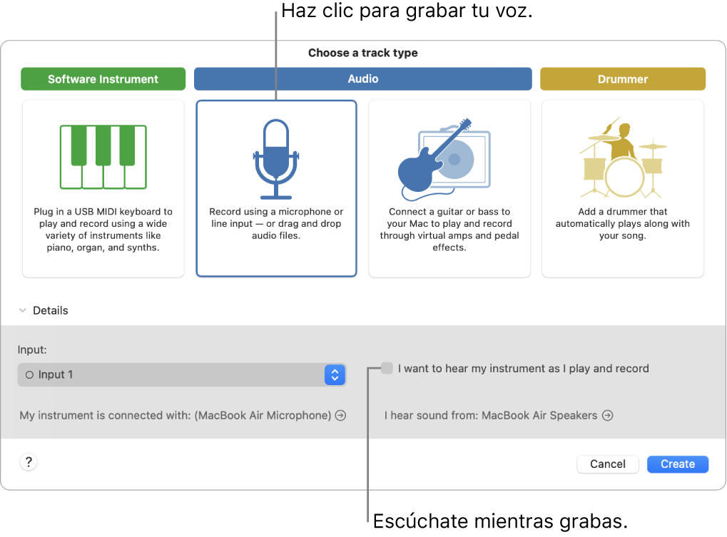 El panel de instrumentos de GarageBand donde se muestra dónde hacer clic para grabar una voz y cómo escucharse a sí mismo mientras graba.