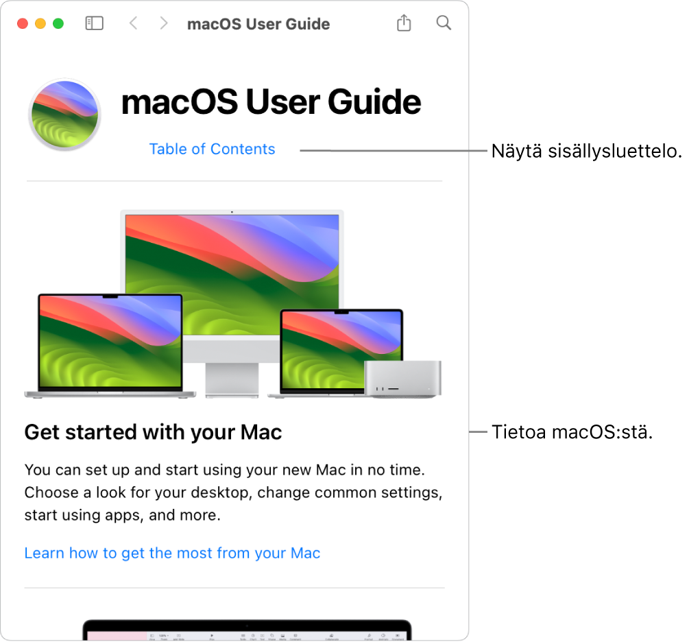 macOS:n käyttöoppaan tervetuloa-sivu, jossa näkyy Sisällysluettelo-linkki.