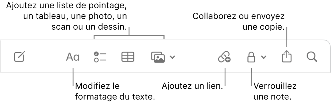 La barre d’outils de Notes avec des légendes pour les outils de format de texte, de liste de pointage, de tableau, de lien, de photos/contenu multimédia, de verrouillage, de partage et d’envoi d’une copie.