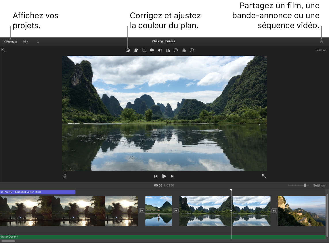 Une fenêtre d’iMovie présentant les boutons pour afficher des projets, corriger et ajuster les couleurs, et partager votre film, votre bande-annonce ou votre vidéo.