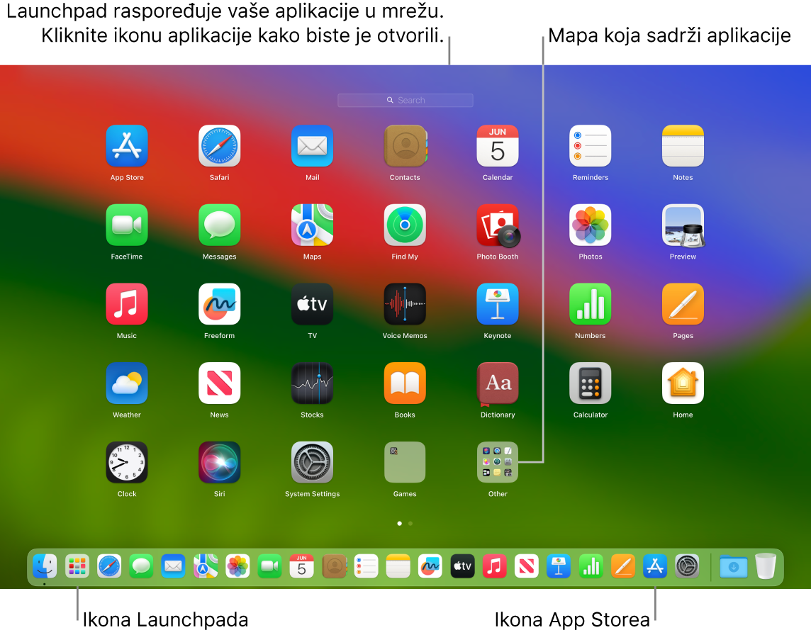 Zaslon Mac računala s otvorenom aplikacijom Launchpad prikazuje mapu aplikacija unutar Launchpada i ikonu Launchpada te ikonu trgovine App Store u Docku.