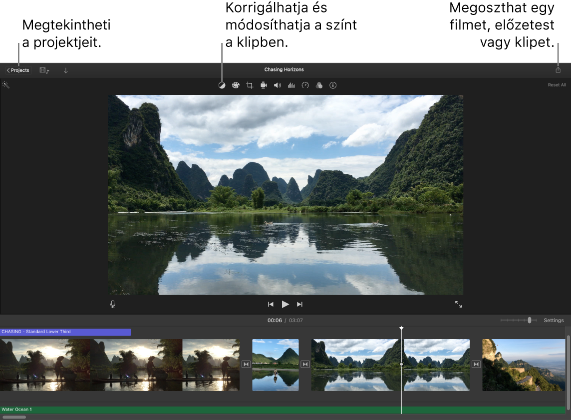 Gombok egy iMovie-ablakban, amelyekkel megtekintheti a projektjeit, korrigálhatja és beállíthatja a színeket, illetve megoszthatja a filmjét, előzetesét vagy filmklipjét.