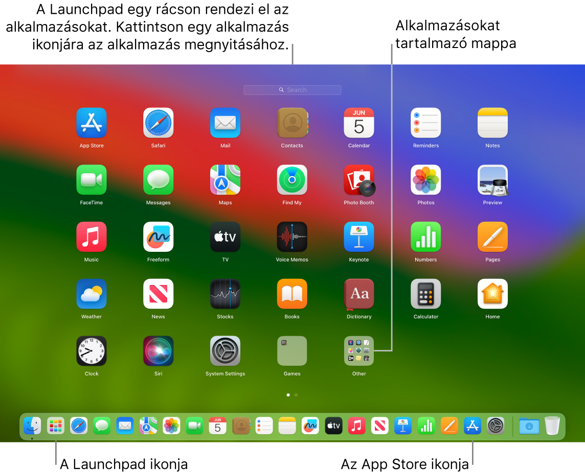Egy Mac képernyője a megnyitott Launchpaddal, amelyben az appok mappája látható, valamint a Launchpad és az App Store ikonjaival a Dock területén.