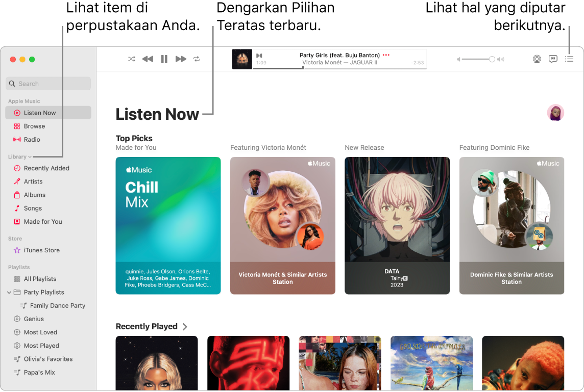 Jendela app Musik menampilkan cara untuk melihat perpustakaan Anda, mendengarkan Apple Music, dan melihat lagu yang akan diputar berikutnya.