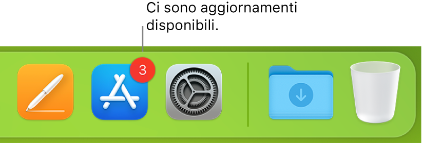 Sezione del Dock in cui è visualizzata l’icona di App Store con un badge, che indica che sono disponibili aggiornamenti.