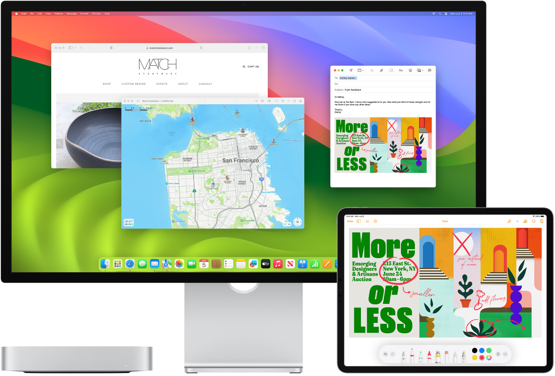 Mac mini e iPad mostrati l’uno di fianco all’altro. Lo schermo di iPad mostra un documento con annotazioni. Sullo schermo di Mac mini è visibile un messaggio di Mail con il documento annotato tramite iPad come allegato.