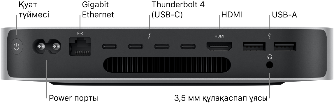 Қуат түймесін, қуат портын, Gigabit Ethernet портын, төрт Thunderbolt 4 (USB-C) портын, HDMI портын, екі USB-A портын және 3,5 мм құлақаспап ұясын көрсетіп тұрған M2 Pro чипі бар Mac mini компьютерінің арты.