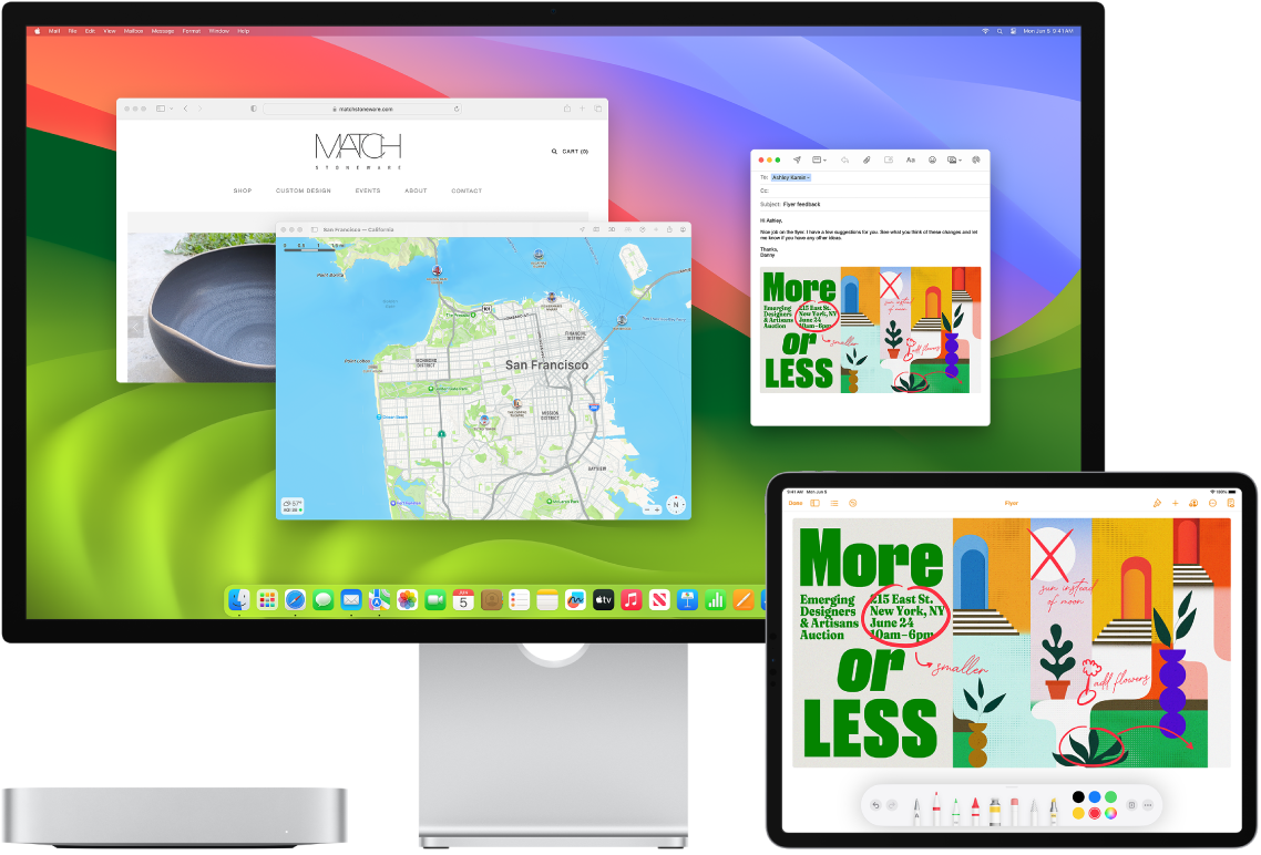 „Mac mini“ ir „iPad“ vienas šalia kito. „iPad“ ekrane rodoma skrajutė su pastabomis. „Mac mini“ ekrane yra „Mail“ žinutė ir skrajutė su pastabomis iš „iPad“ kaip priedas.