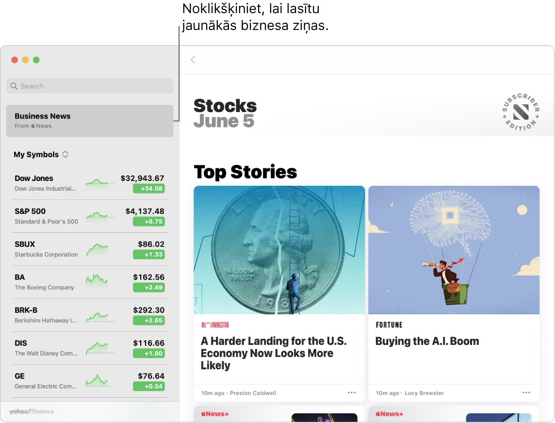 Lietotnes Stocks informācijas panelis ar tirgus cenām skatīšanas sarakstā un atbilstošajiem Top Stories.