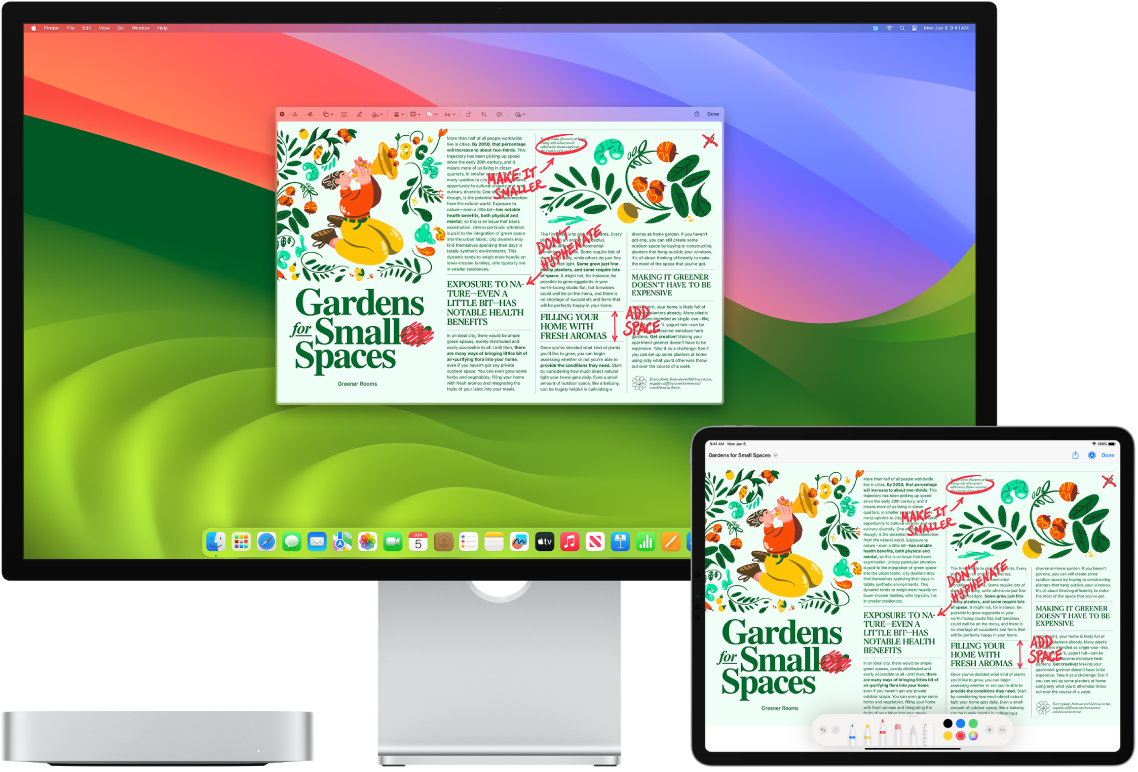 En Mac Mini og en iPad vises side om side. Begge skjermene viser en artikkel som er full av håndskrevne, røde merknader, for eksempel utkryssede setninger, piler og ekstra ord. På iPaden vises også kontroller for merking nederst på skjermen.