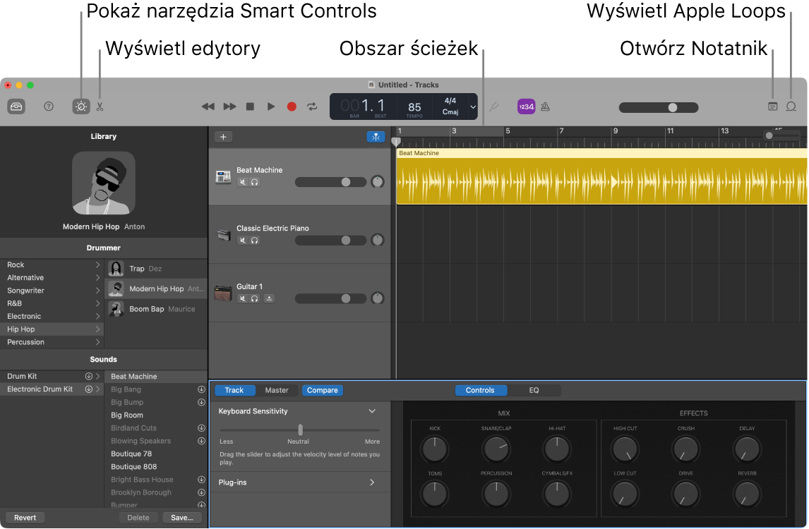 Okno aplikacji GarageBand z opisami przycisków narzędzi Smart Controls, edytorów, notatek i Apple Loops. Widoczny jest także obszar ścieżek.